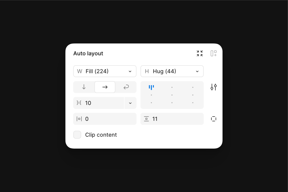 Figma's auto layout settings, showing the width as Fill (224px) and height as Hug (44px).