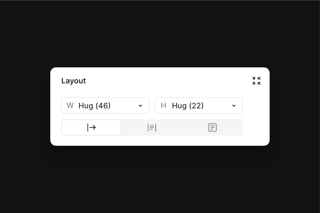 Figma's auto layout settings with width set to Hug 46px and height set to Hug 22px.