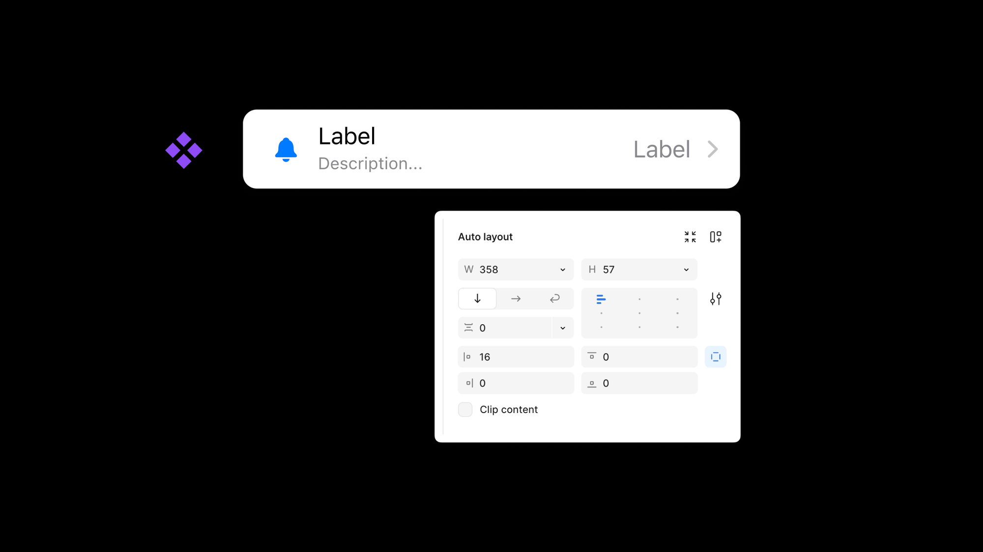 That same TableRow component, with Figma's auto layout settings panel in view.